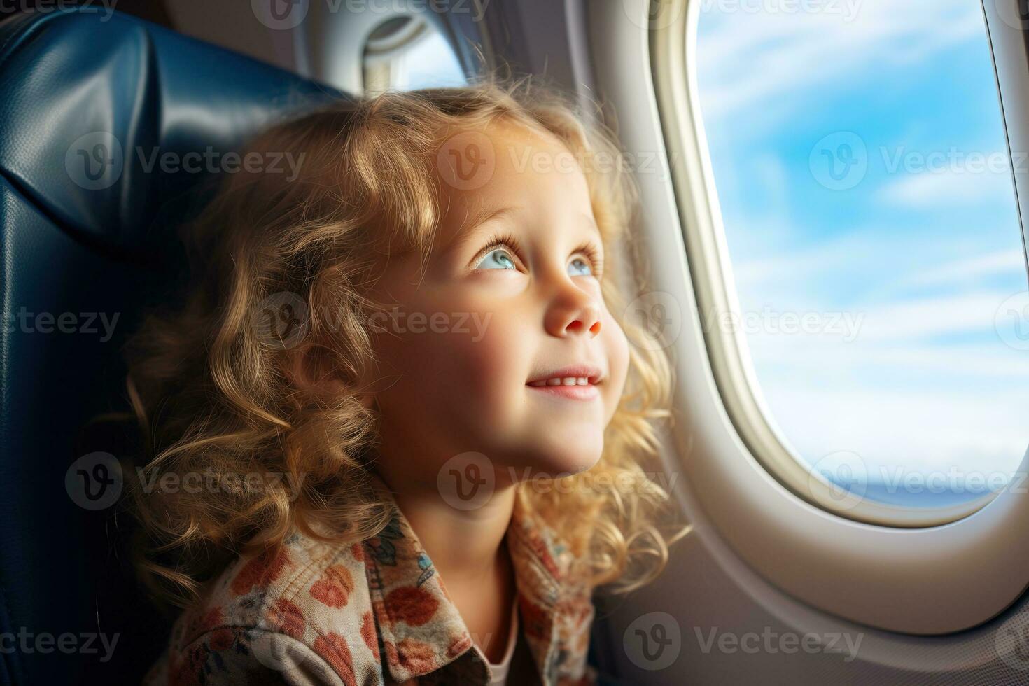 AI generated charming little girl with blond curly hair smiles and looks out the airplane window photo