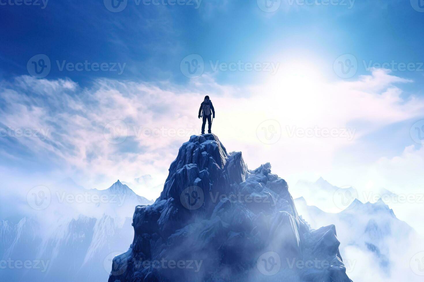 AI generated Rear view of a mountain climber standing on top of an ice mountain and looking at the rising sun photo
