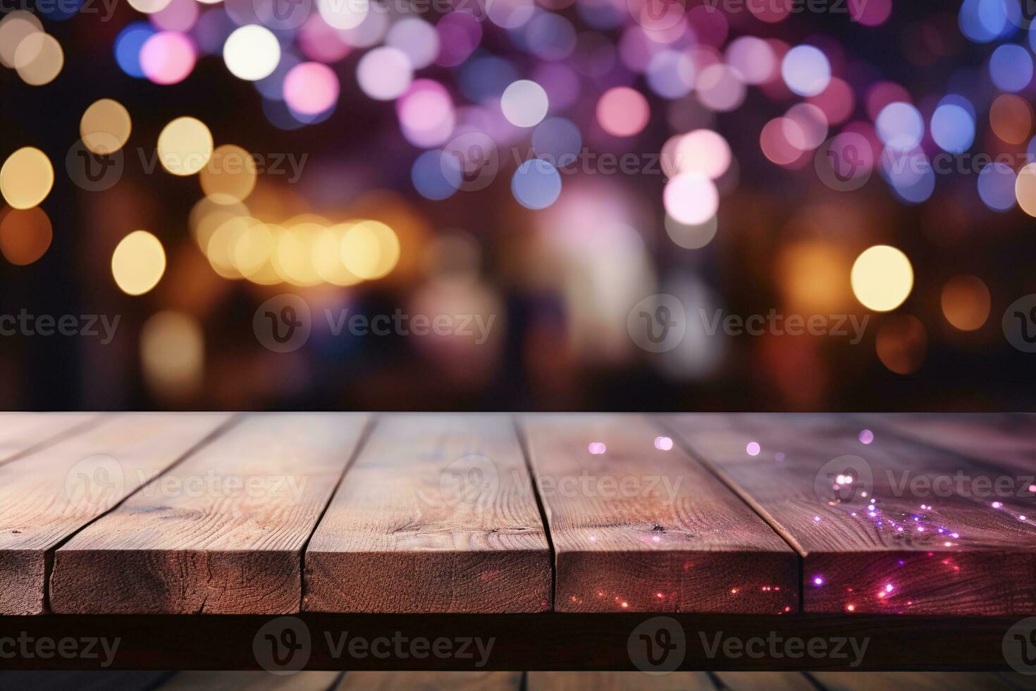 AI generated Selective focus of empty dark wooden countertop or table purple and golden light christmas bokeh background photo