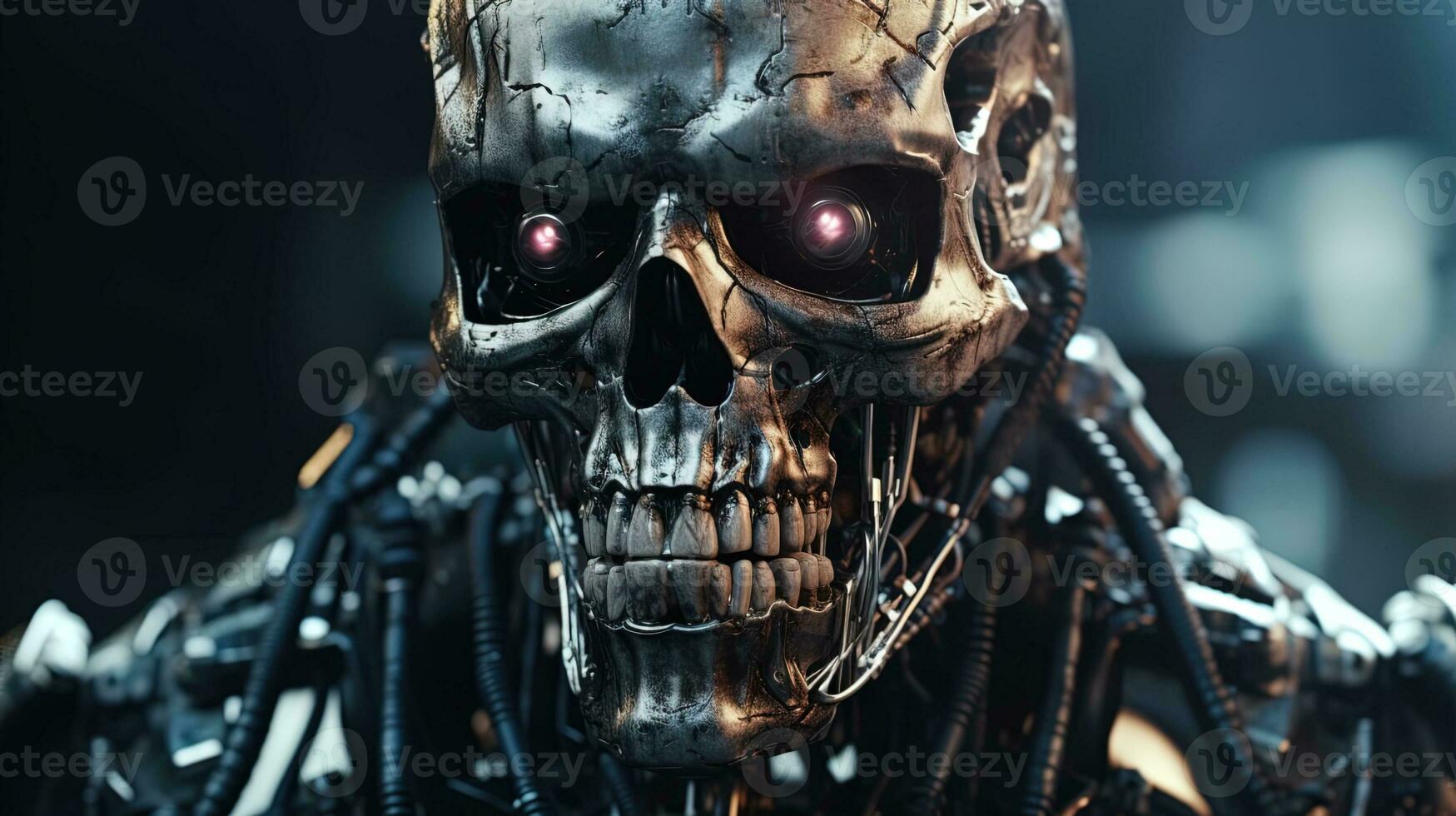 AI generated Gloomy closeup portrait of a steel head robot with a metal skull and camera eyes. photo