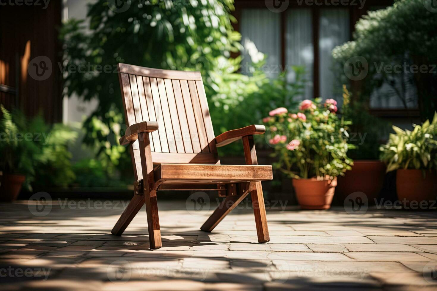 AI generated Old vintage folding wooden garden chair on a terrace with plants under bright sunlight photo