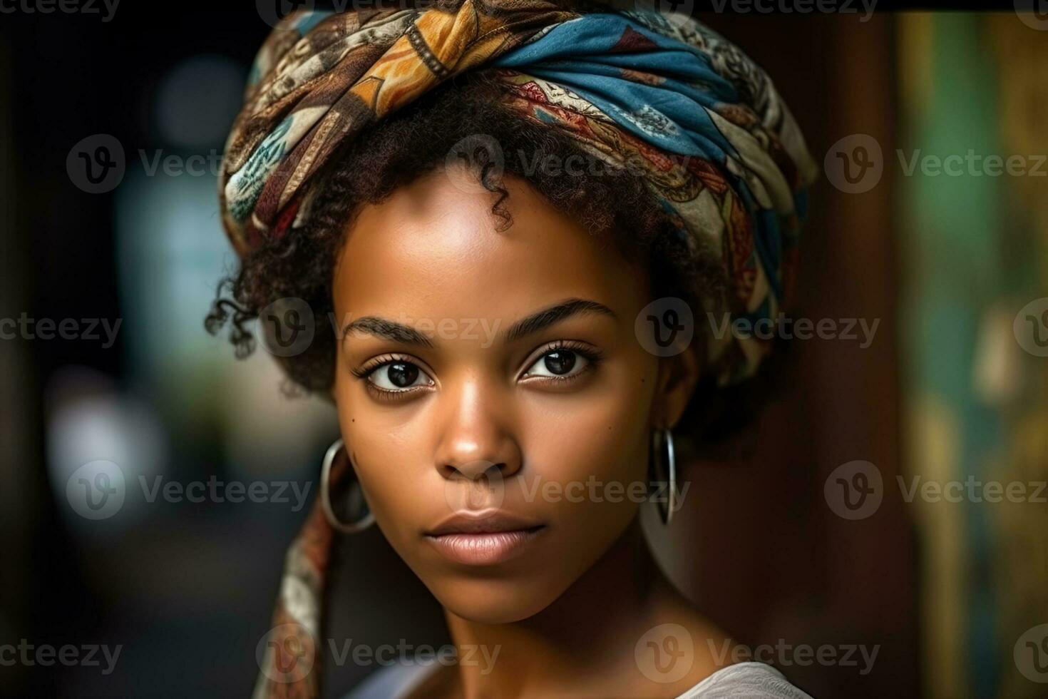 AI generated Young charming curly African Cuban woman wearing a colorful bandana on a blurred house space background photo