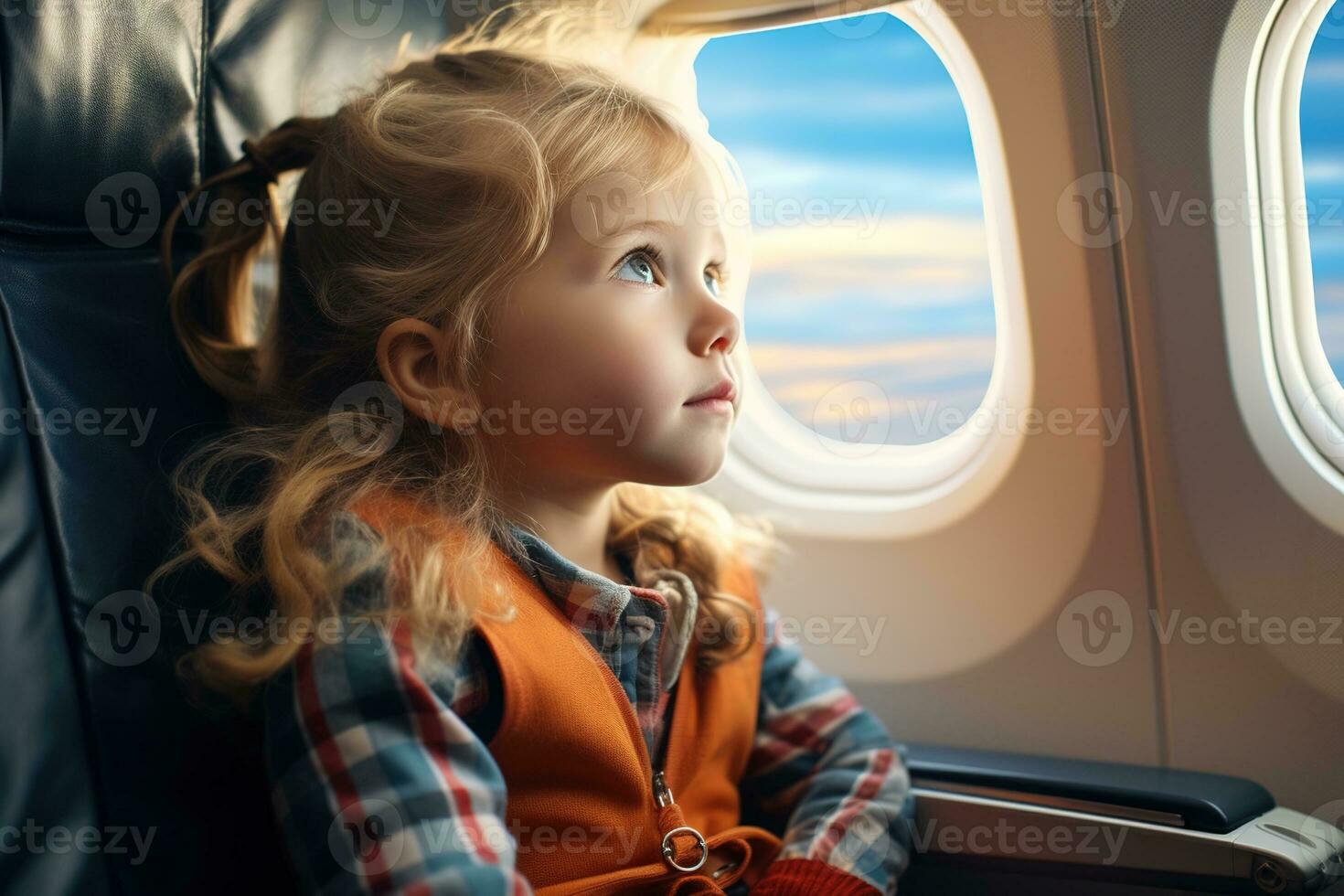 AI generated charming little girl with blond hair looks carefully out the airplane window photo