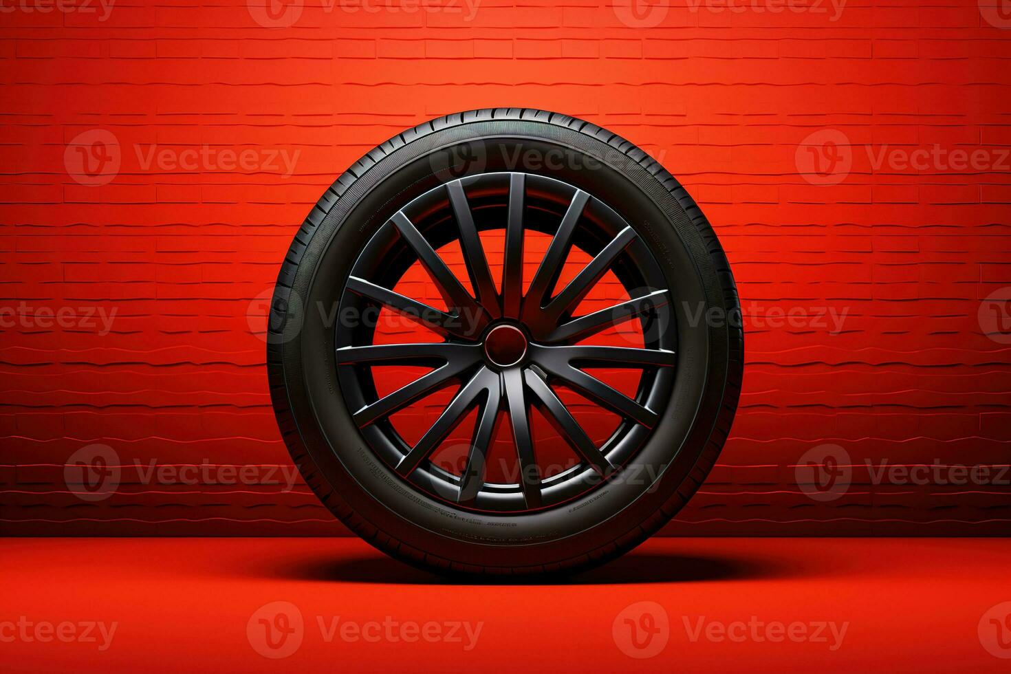 AI generated New car wheel with black metal alloy rim on a textured red background photo