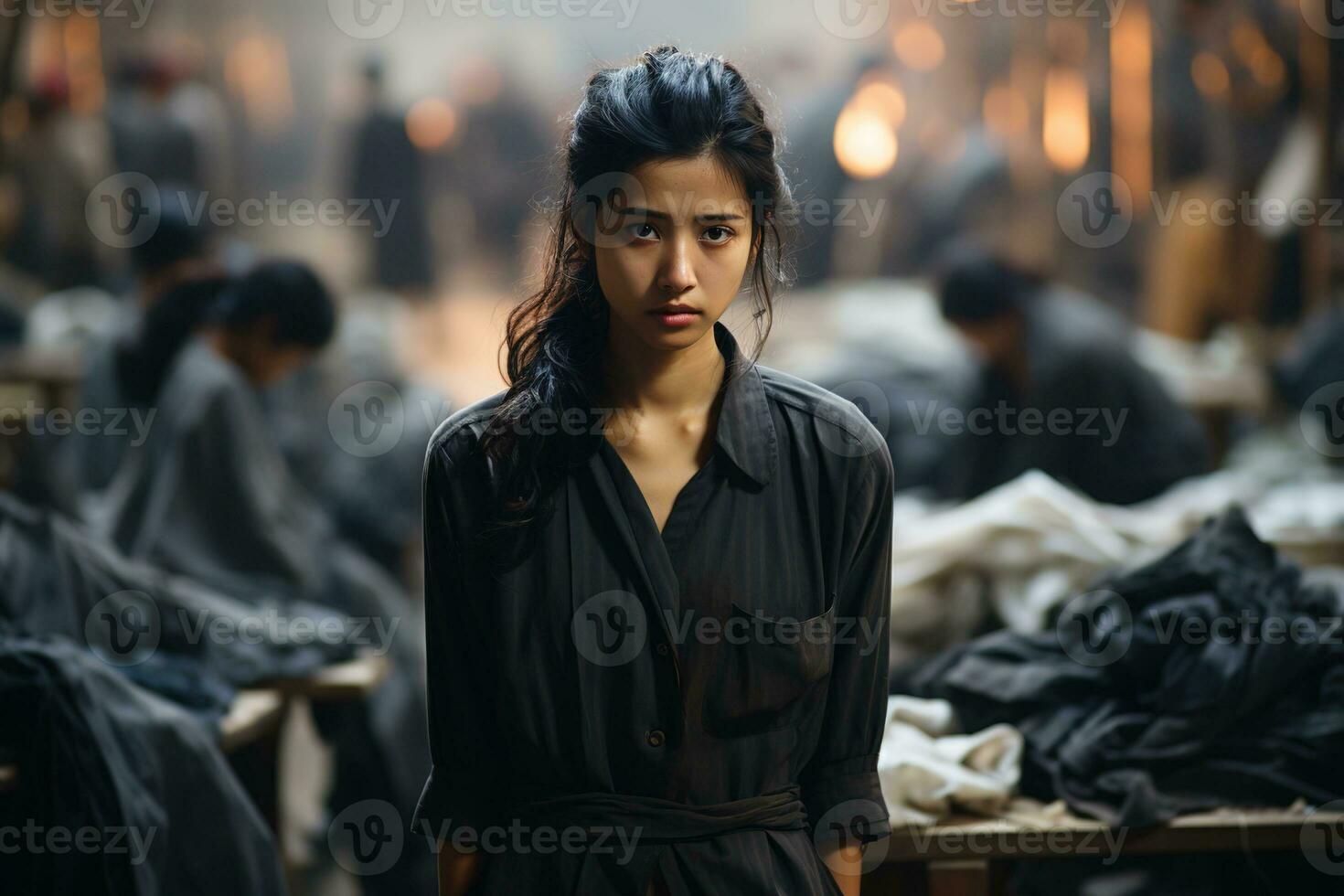 AI generated portrait of a sad young woman standing in a garment factory among fabrics and tools photo