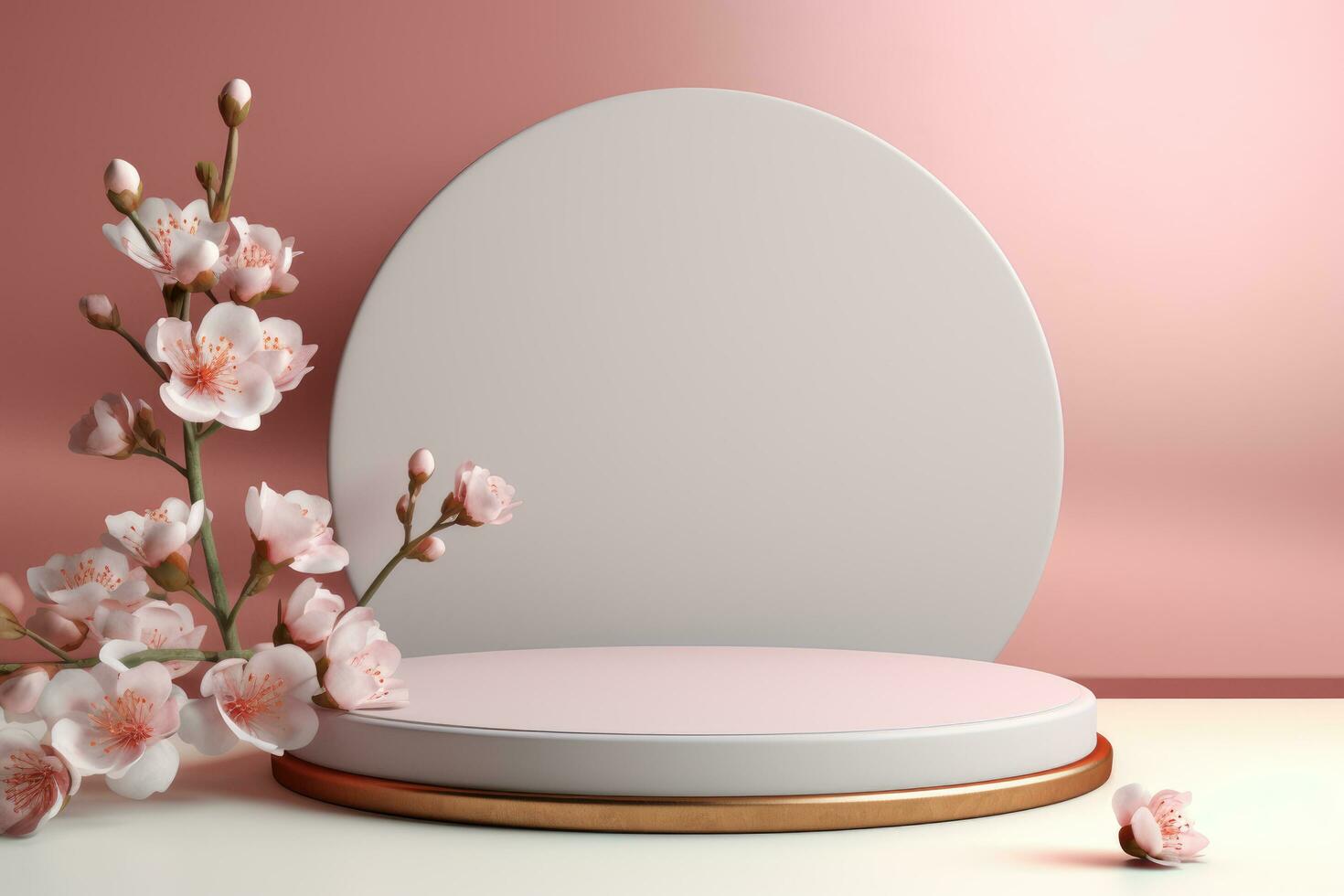 AI generated 3d render of minimal product display podium with cherry blossom background. Ai generator photo