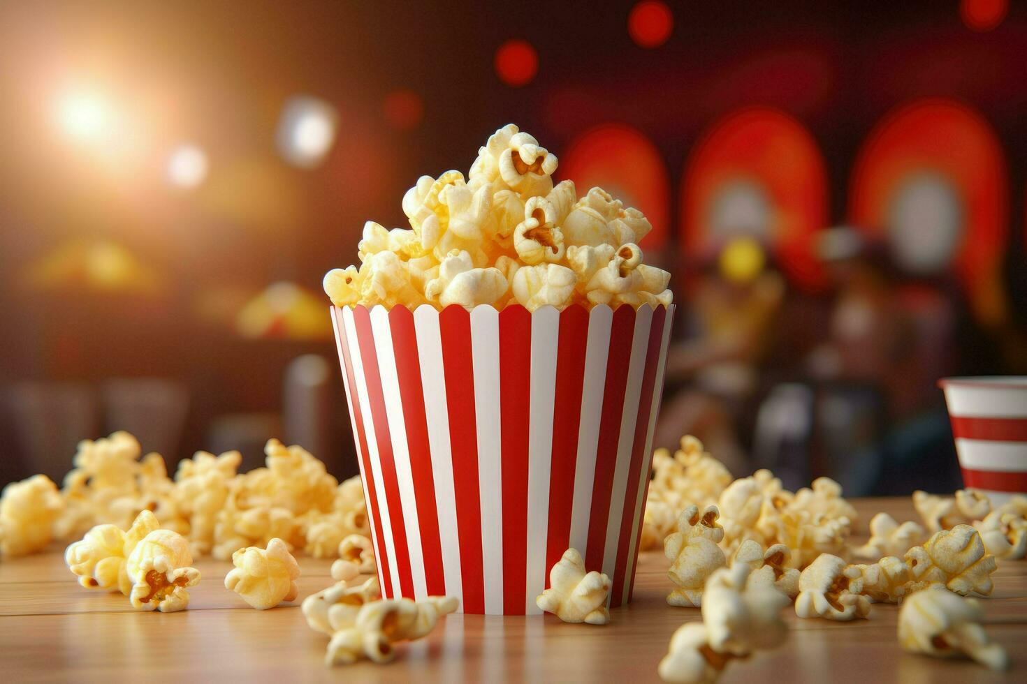 AI generated View of 3d cup of Cinema Popcorn, a bucket of popcorn on bokeh background . Ai generated photo