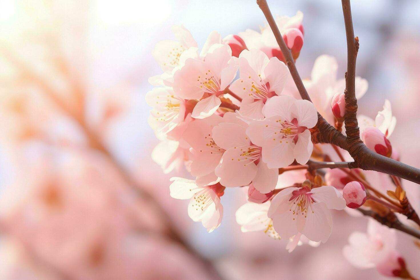 AI generated Cherry blossom flowers on bokeh background Banner with flowers on light pink background. Greeting card template for Weddings, mothers or Women's day. Ai generated photo