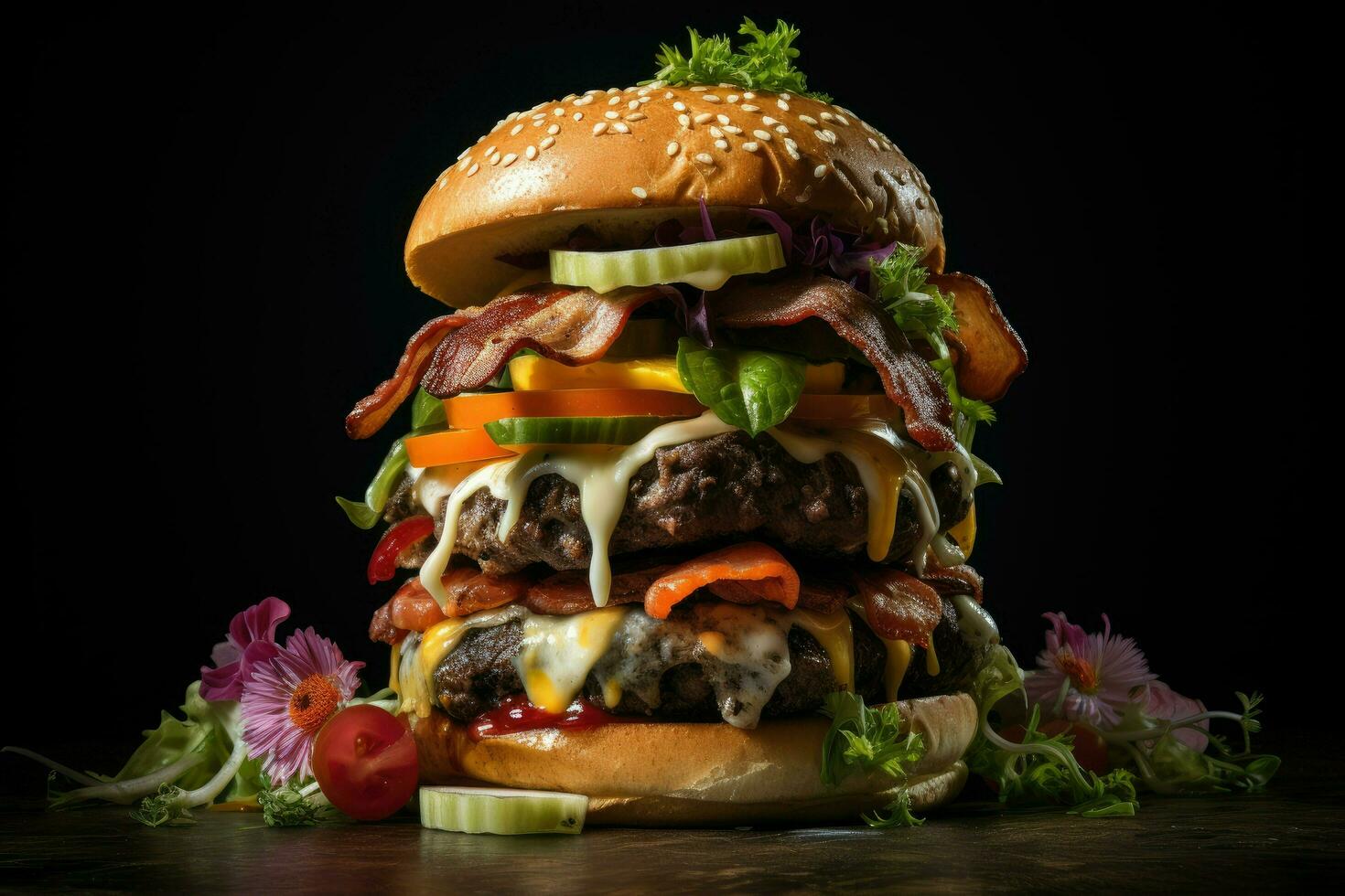AI generated Burger with melted cheese and bacon, Cheese burger with grilled meat, cheese, tomato, salad and onion rings. Close-up of delicious fresh home made burger Ai Generated photo