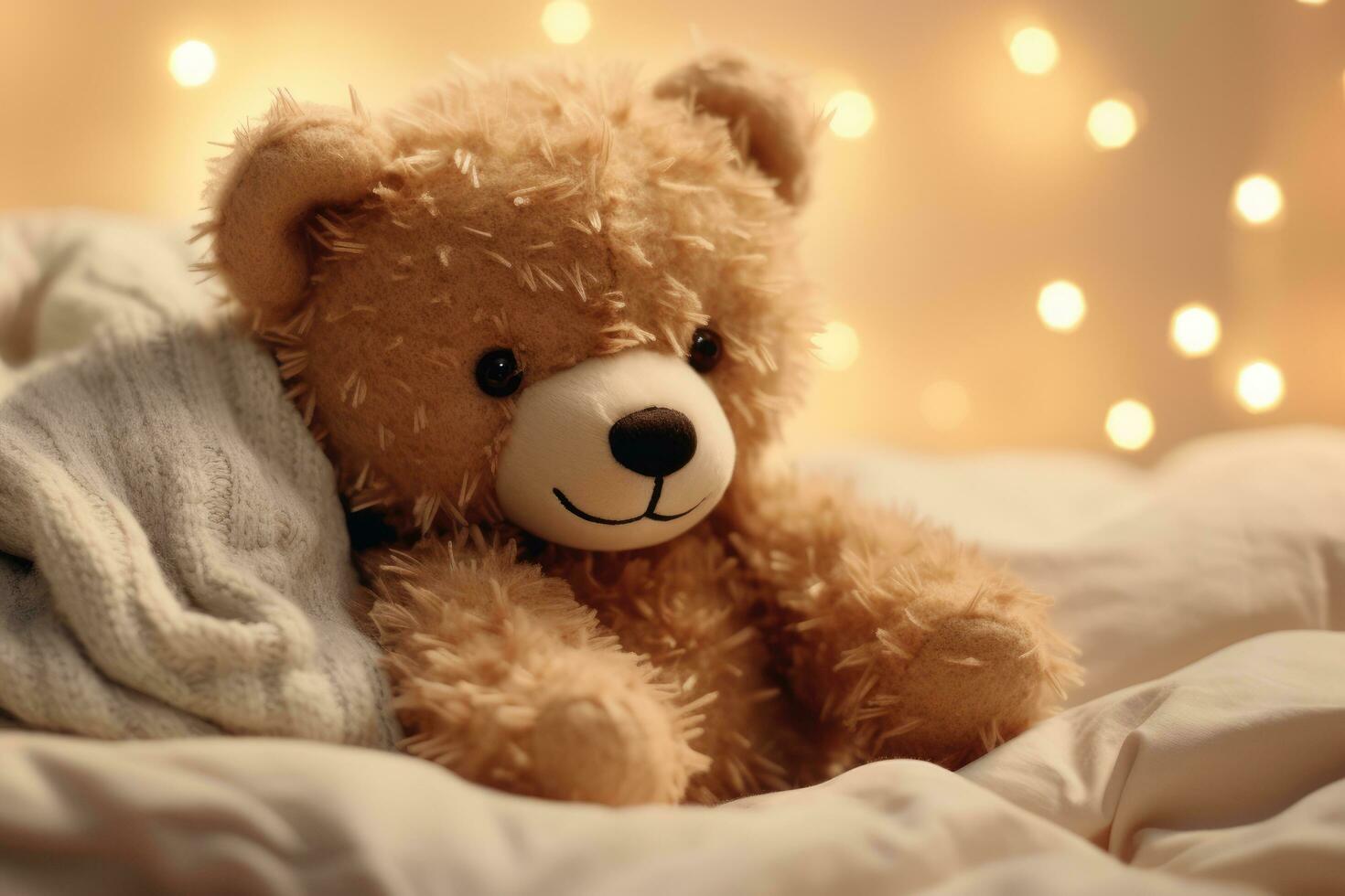 AI generated Teddy bear on bed, teddy bear on bed with pillows and lighting background Ai generated photo