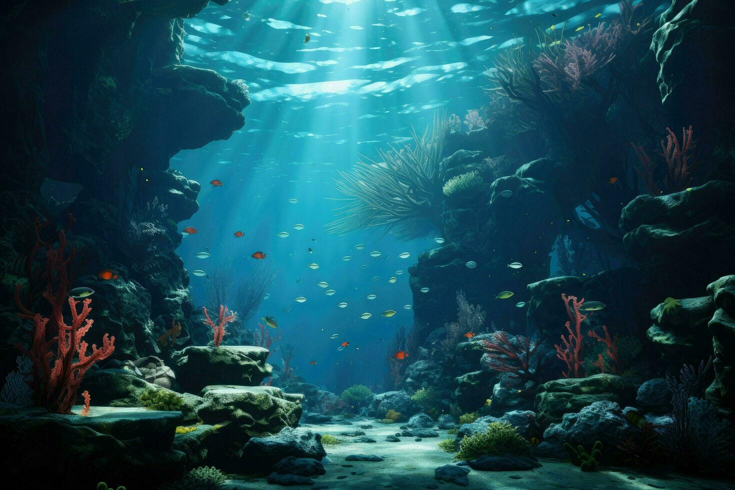 AI generated Realistic Underwater World, Colorful life on underwater coral reef, Realistic photo of the underwater Ai generated