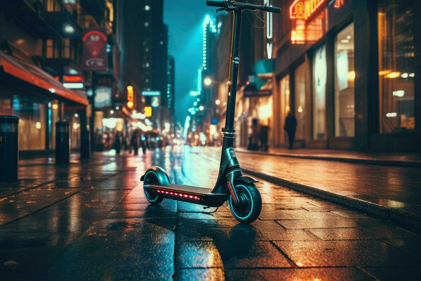 AI generated Electric scooter on a city night street, electric scooter in the city landscape, standing on the road, Electric scooter in the city, AI generated photo