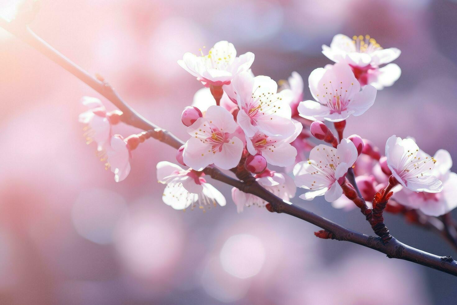 ai generado Cereza florecer flores en bokeh antecedentes bandera con flores en ligero rosado antecedentes. saludo tarjeta modelo para bodas, madres o De las mujeres día. ai generado foto