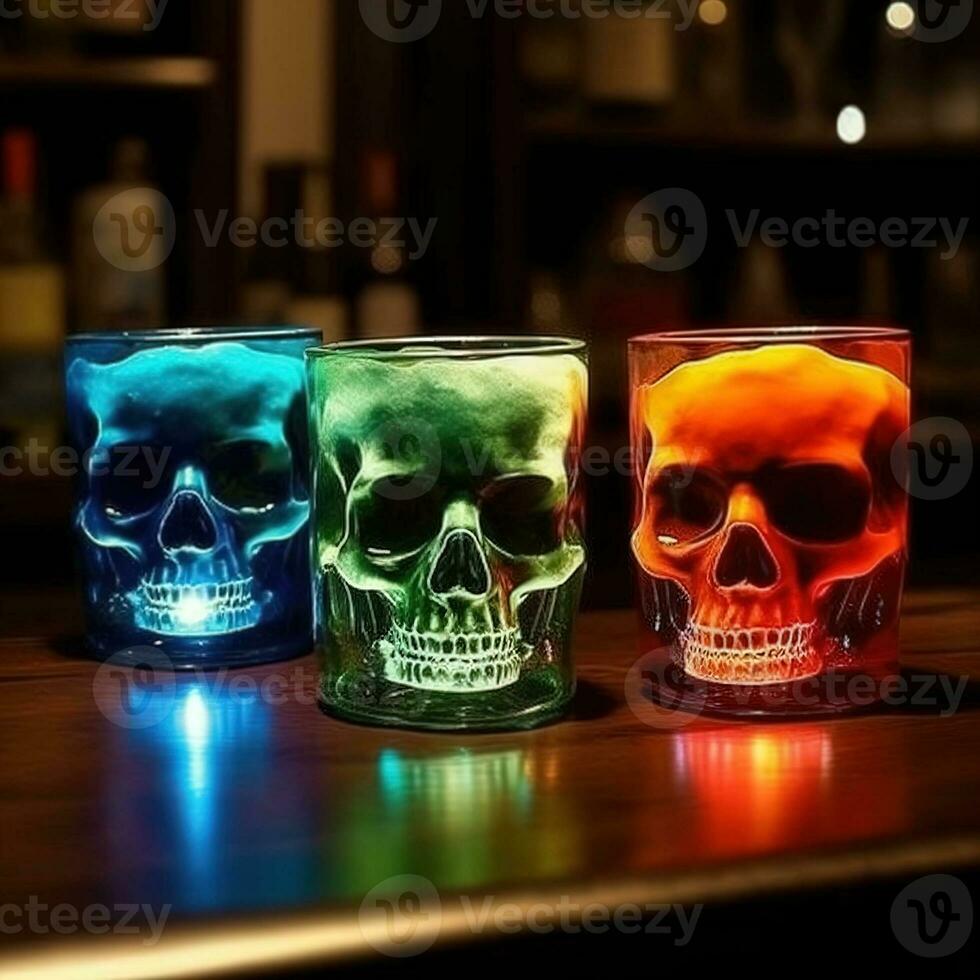 AI generated drink glasses in the shape of a skull in the bar in neon club lighting photo