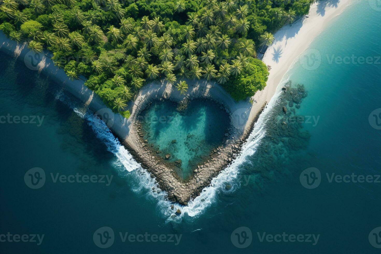 AI generated heart shaped lagoon on a paradise tropical island, aerial view photo