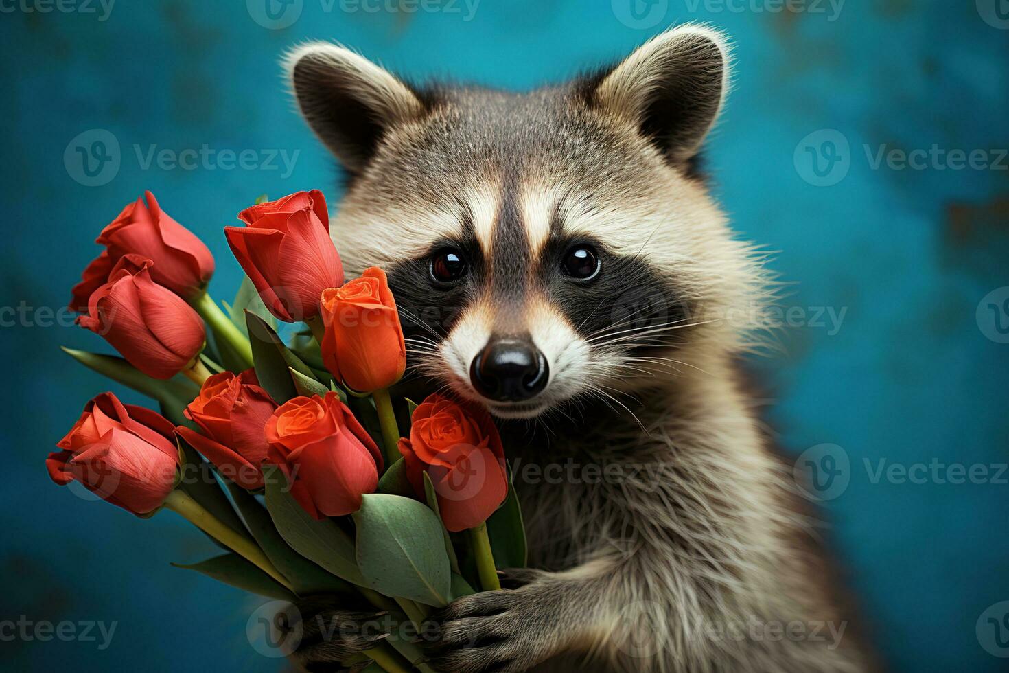 AI generated raccoon holding a bouquet of red flowers on blue background photo