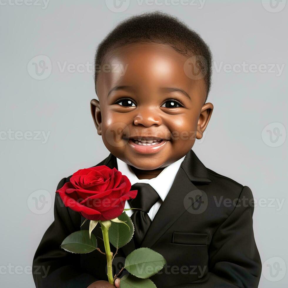 AI generated adorable smiling little baby boy in a black tuxedo holding a red rose in his hands, isolated on a white background photo