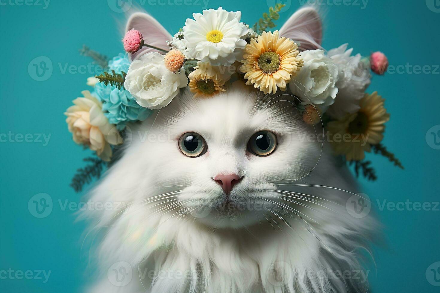 ai generado adorable mullido blanco gato con flores guirnalda en cabeza en un azul antecedentes foto