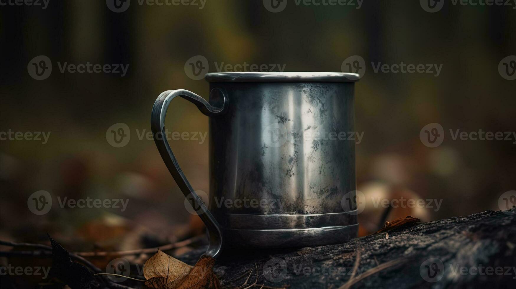 AI generated closeup of a metal old mug in the forest photo