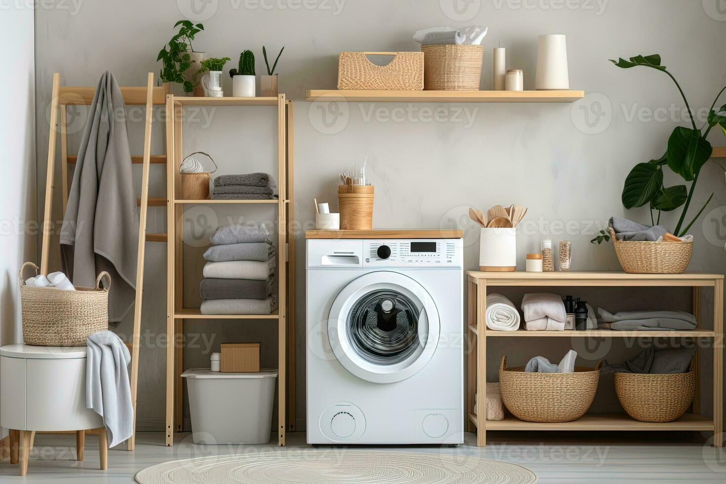 AI generated Modern interior of a laundry room with wooden rack in grey pastel colors photo