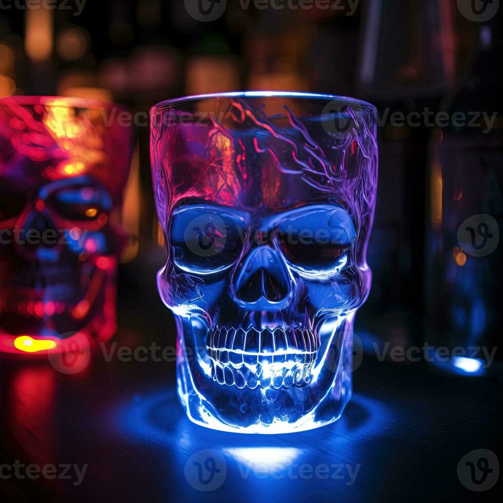 AI generated stylish drink glass in the shape of a skull in the bar in neon club lighting photo