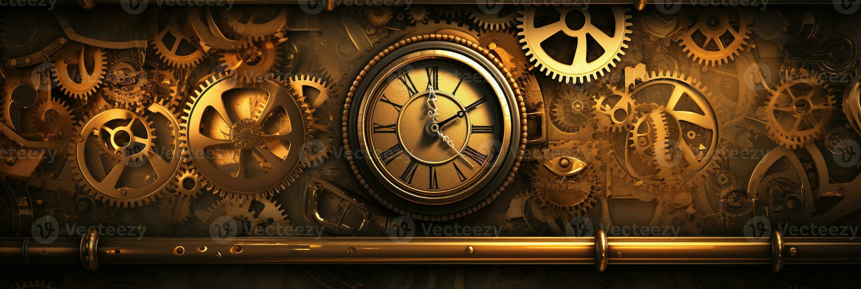 AI generated Abstract bronze clock, gears, wheels and rivets of a mechanism. steampunk background banner photo