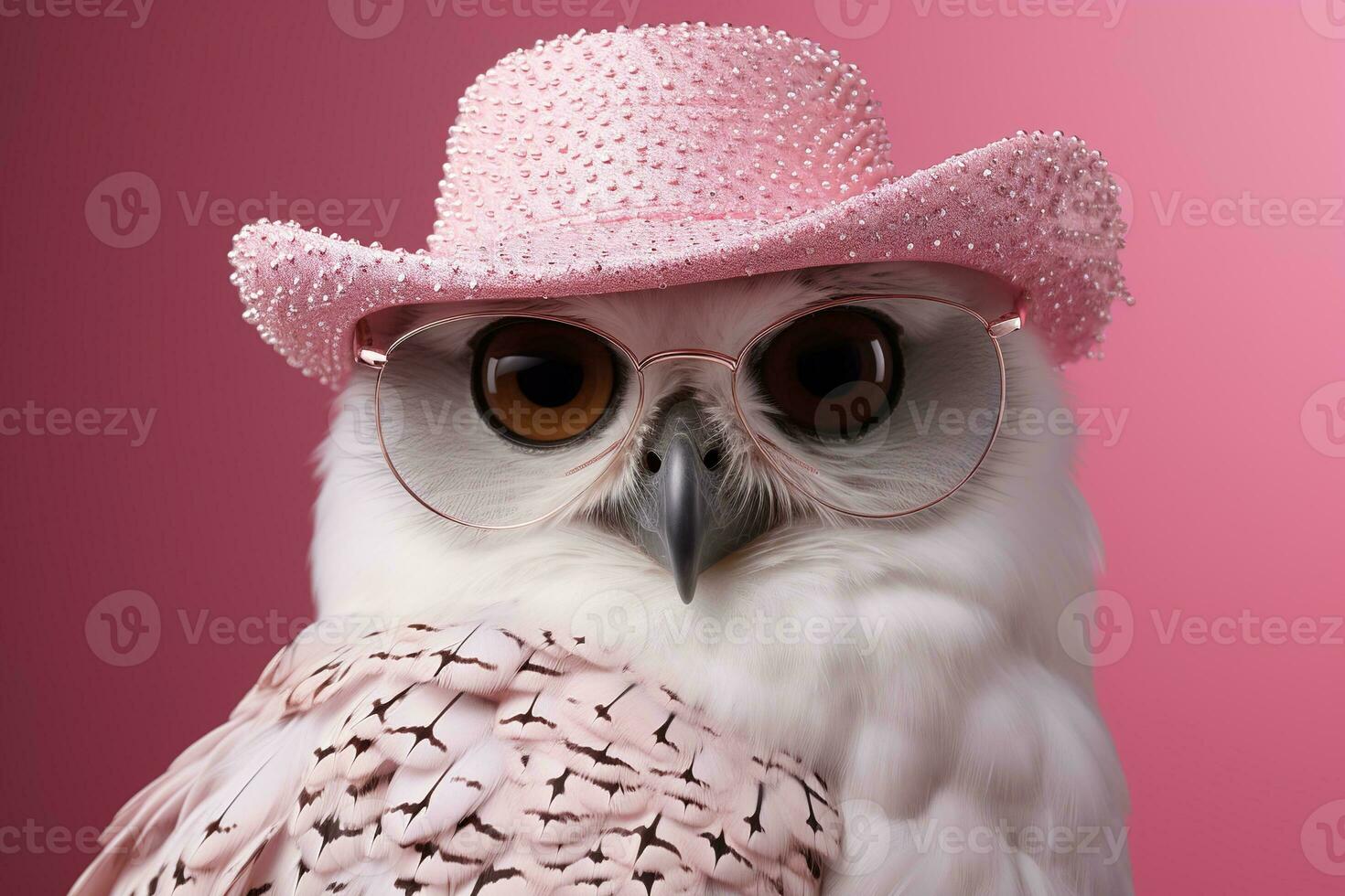 ai generado cerca arriba retrato de un grave blanco búho en un rosado sombrero en rosado antecedentes foto