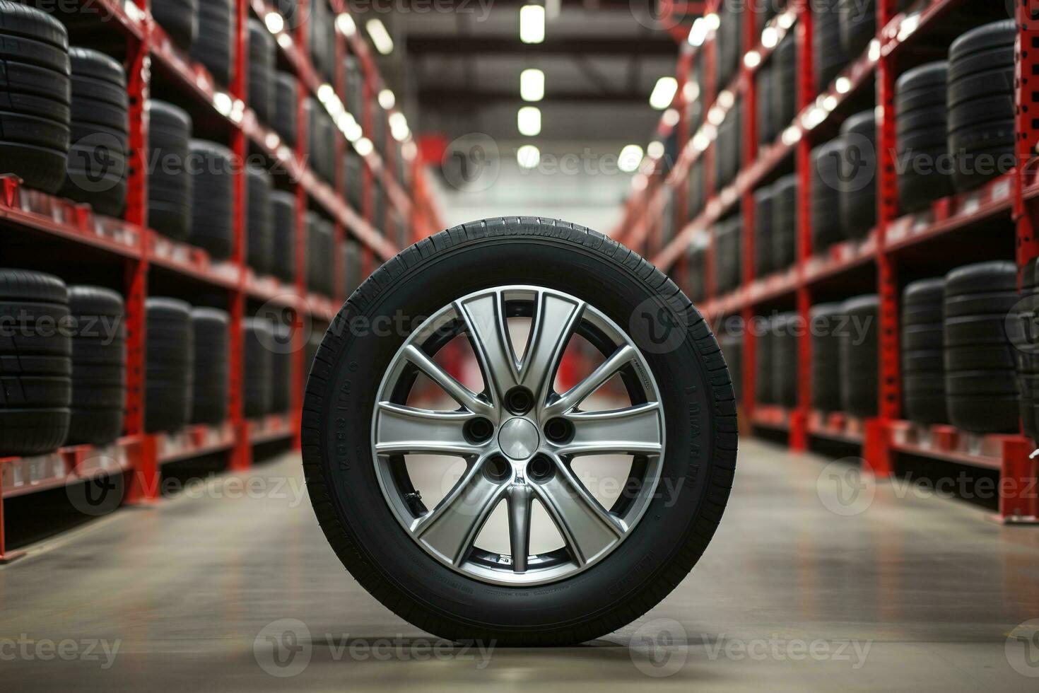 AI generated New car wheel with metal alloy rim in tire warehouse photo