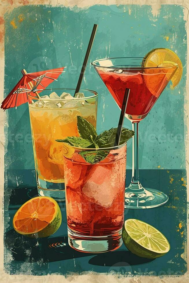 AI generated Vertical illustration of three glasses with different fruit alcohol cocktails in retro vintage poster style photo