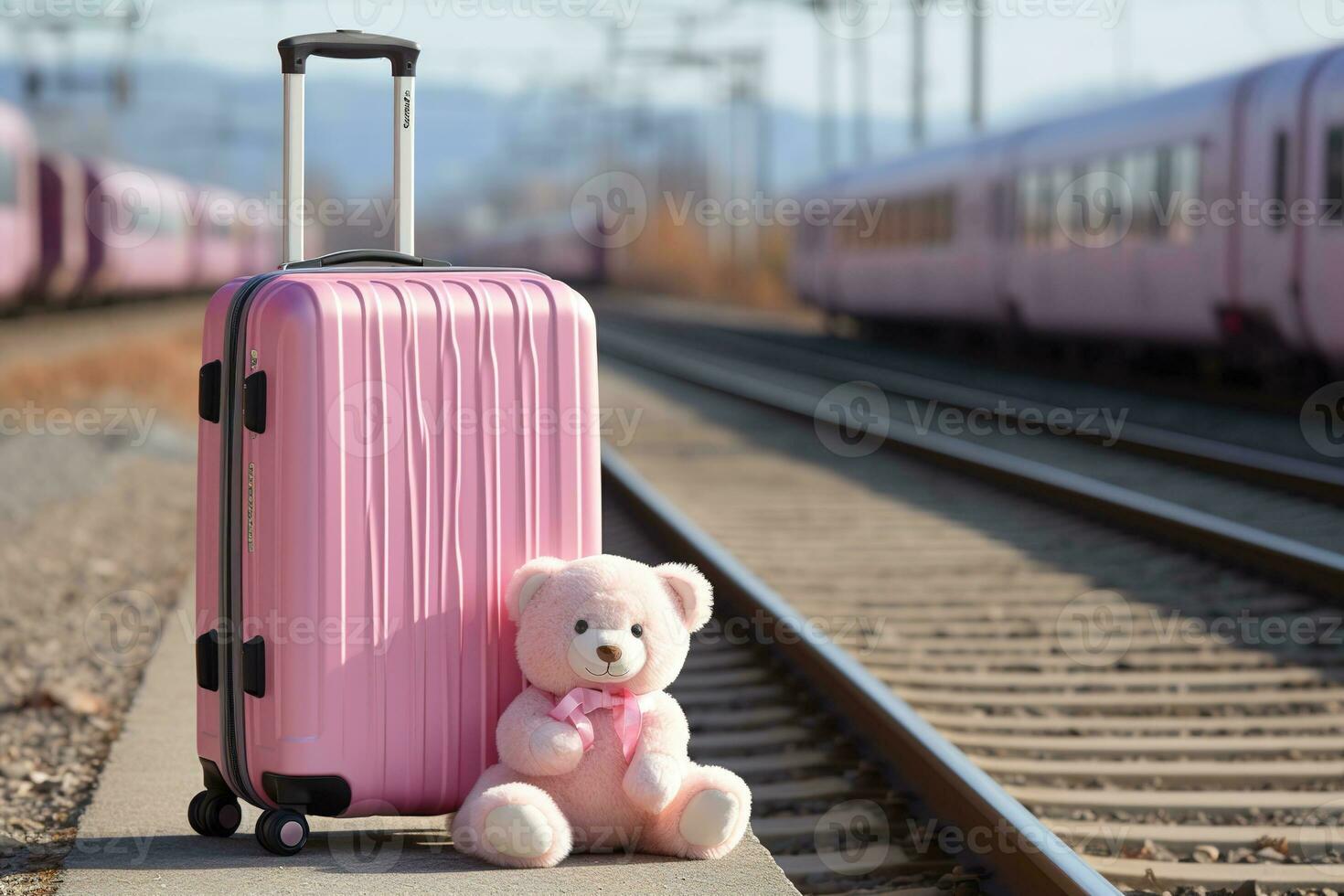 AI generated Pink traveler's suitcase and teddy toy bear on a railway surrounded by trains under a clear sky photo