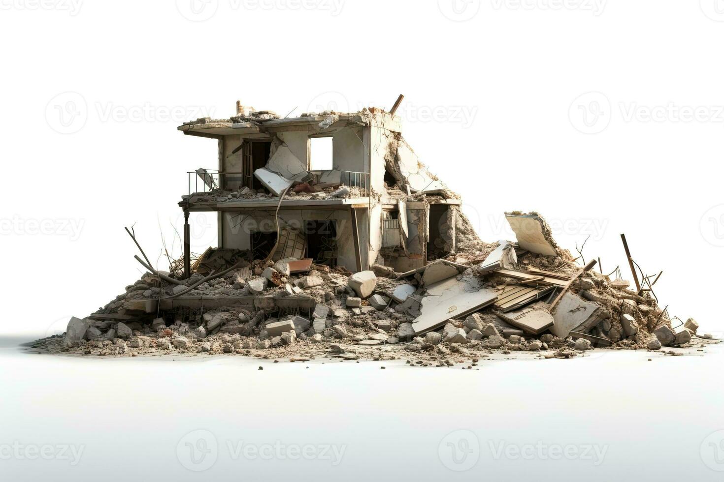 AI generated Demolished building, destroyed house isolated on white background photo
