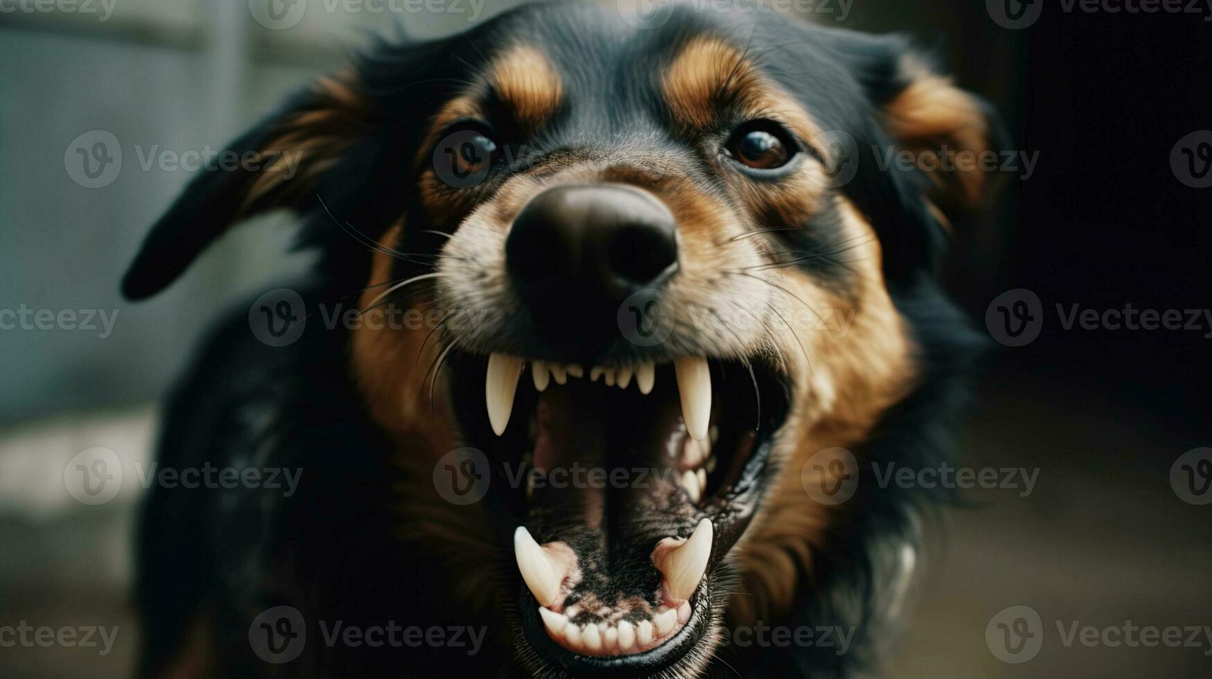 AI generated closeup aggressive dog growling and shows teeth photo