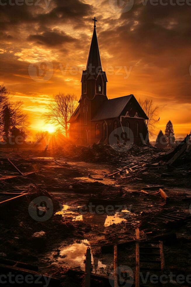 AI generated vertical image of a silhouette of an abandoned catholic church at sunset photo