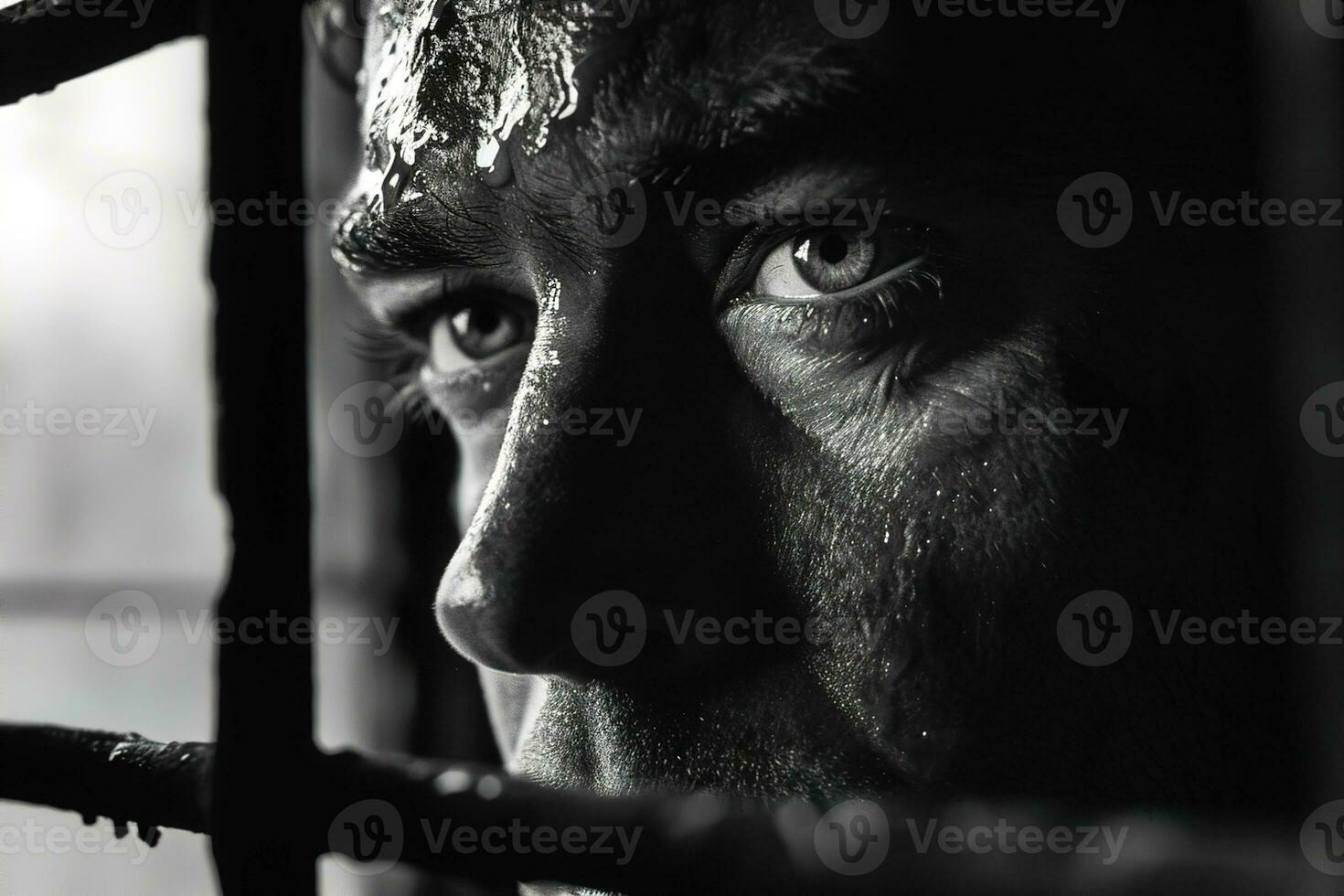 AI generated Close up monochrome portrait of depressed sweaty prisoner behind bars photo