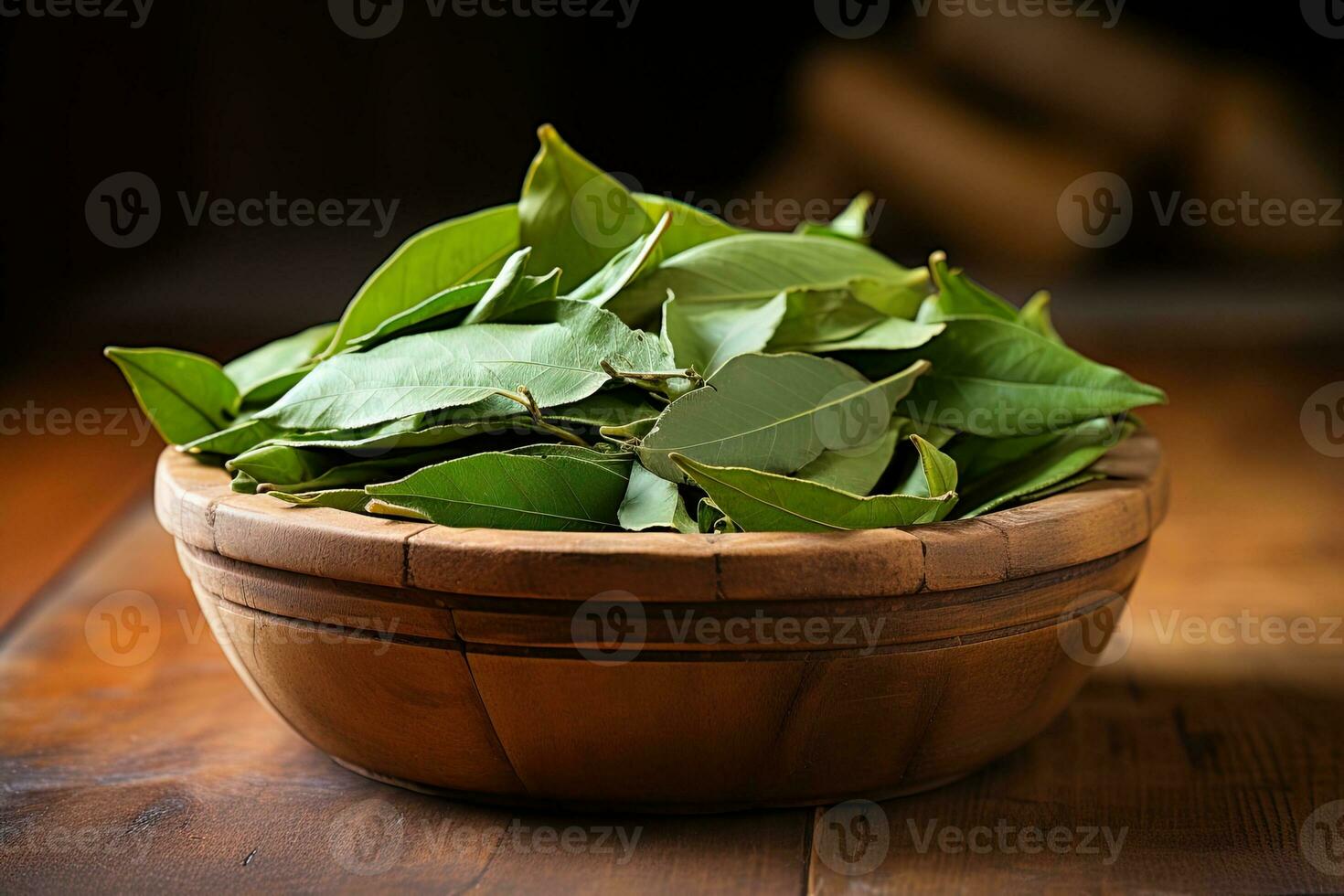 AI generated closeup bowl with dried bay leaves on wooden background photo