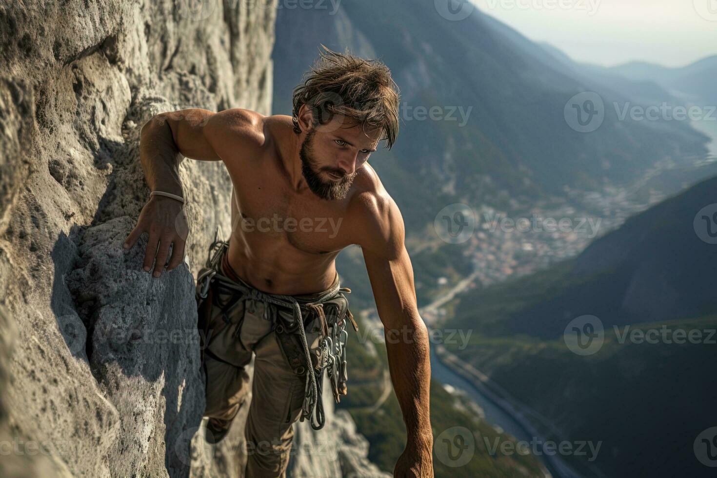 ai generado retrato de un joven bueno mirando trepador en un acantilado haciendo extremo Deportes foto