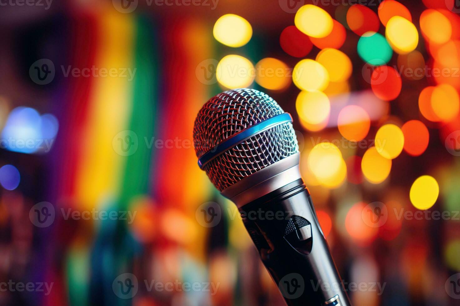 AI generated Close up of a microphone against a bright background of glowing colorful bright bokeh dots photo