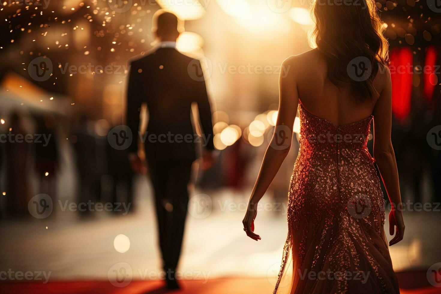AI generated Woman in evening dress on a red carpet at night party on a soft focus blurred bokeh background photo