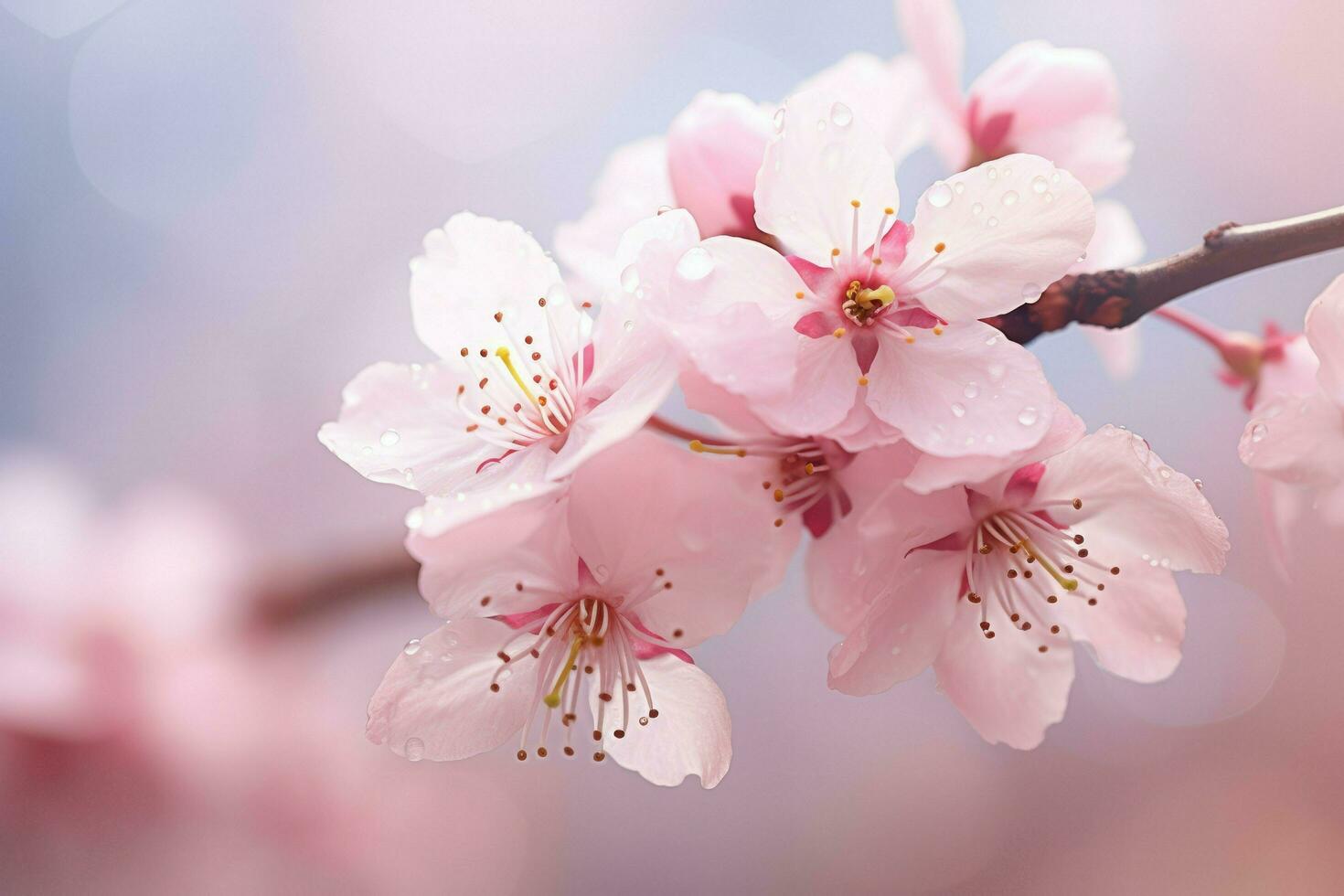 ai generado Cereza florecer flores en bokeh antecedentes bandera con flores en ligero rosado antecedentes. saludo tarjeta modelo para bodas, madres o De las mujeres día. ai generado foto