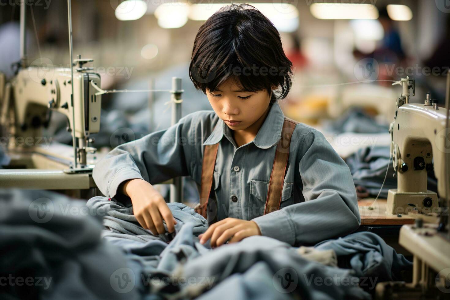 AI generated portrait of a boy in a blue shirt and suspenders working in a garment factory among fabrics photo