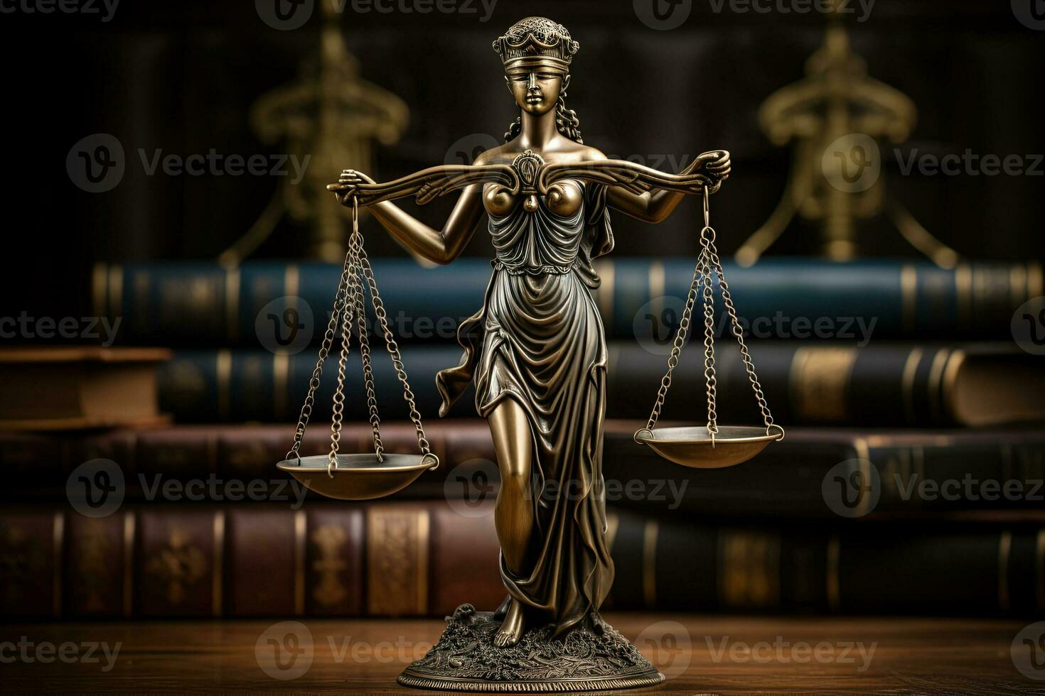 ai generado bronce estatua de un mujer participación escamas como un símbolo de justicia con borroso pilas de libros en el antecedentes foto