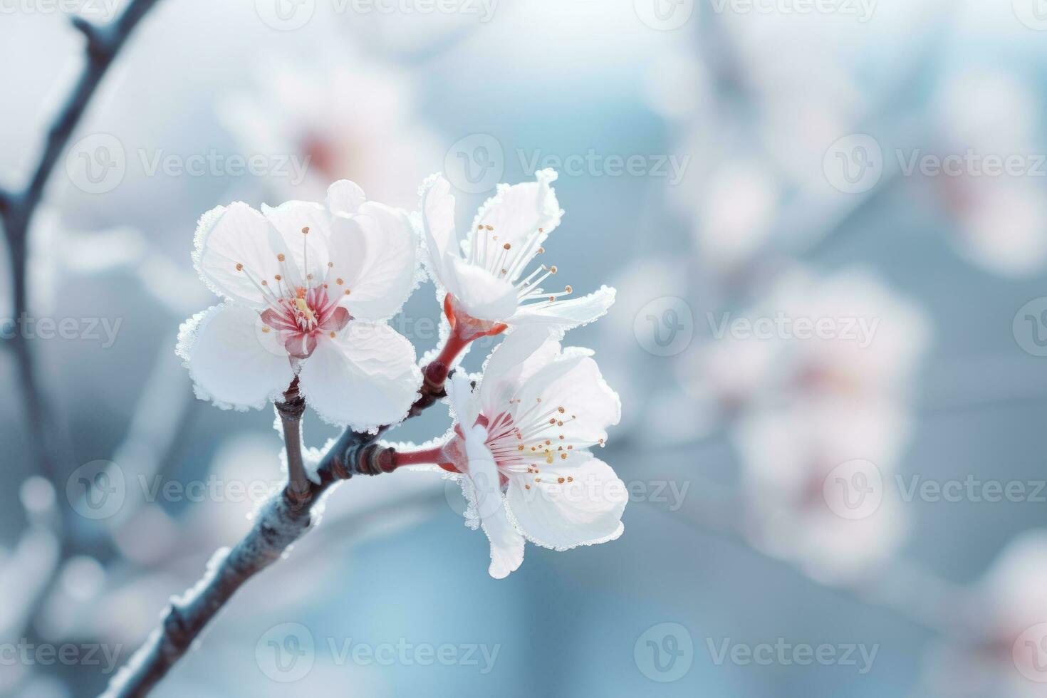 AI generated Tree branch with blossoms on a snowy day. A winter blossom with glistening frost. Generative AI photo
