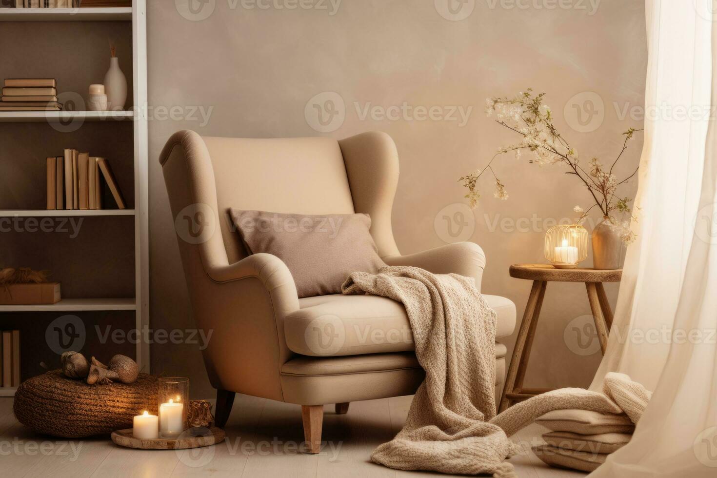 AI generated Reading corner with a comfortable chair and a stack of books. Cozy hygge interior. Generative AI photo
