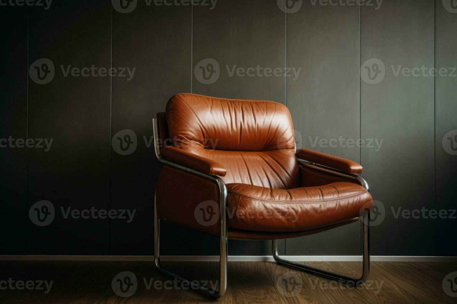 AI generated Vintage leather brown chair in a modern minimalistic interior. Generative AI photo