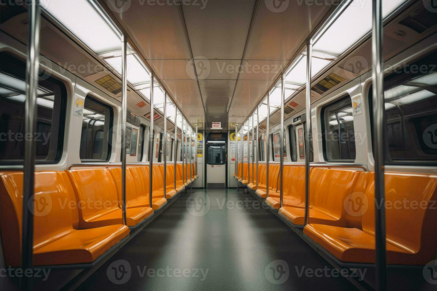 AI generated Empty subway car. Interior of the metro train with seats. Generative AI photo