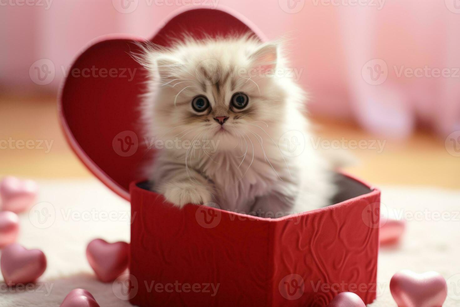 AI generated Little adorable cat and a heart shaped gift box. Generative AI photo