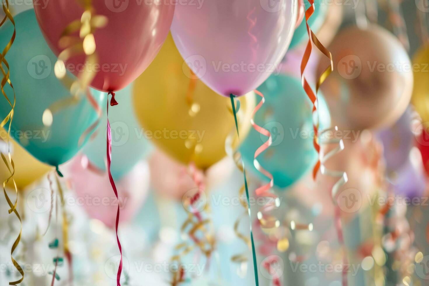 AI generated Colorful balloons and streamers at the party. Generative AI photo