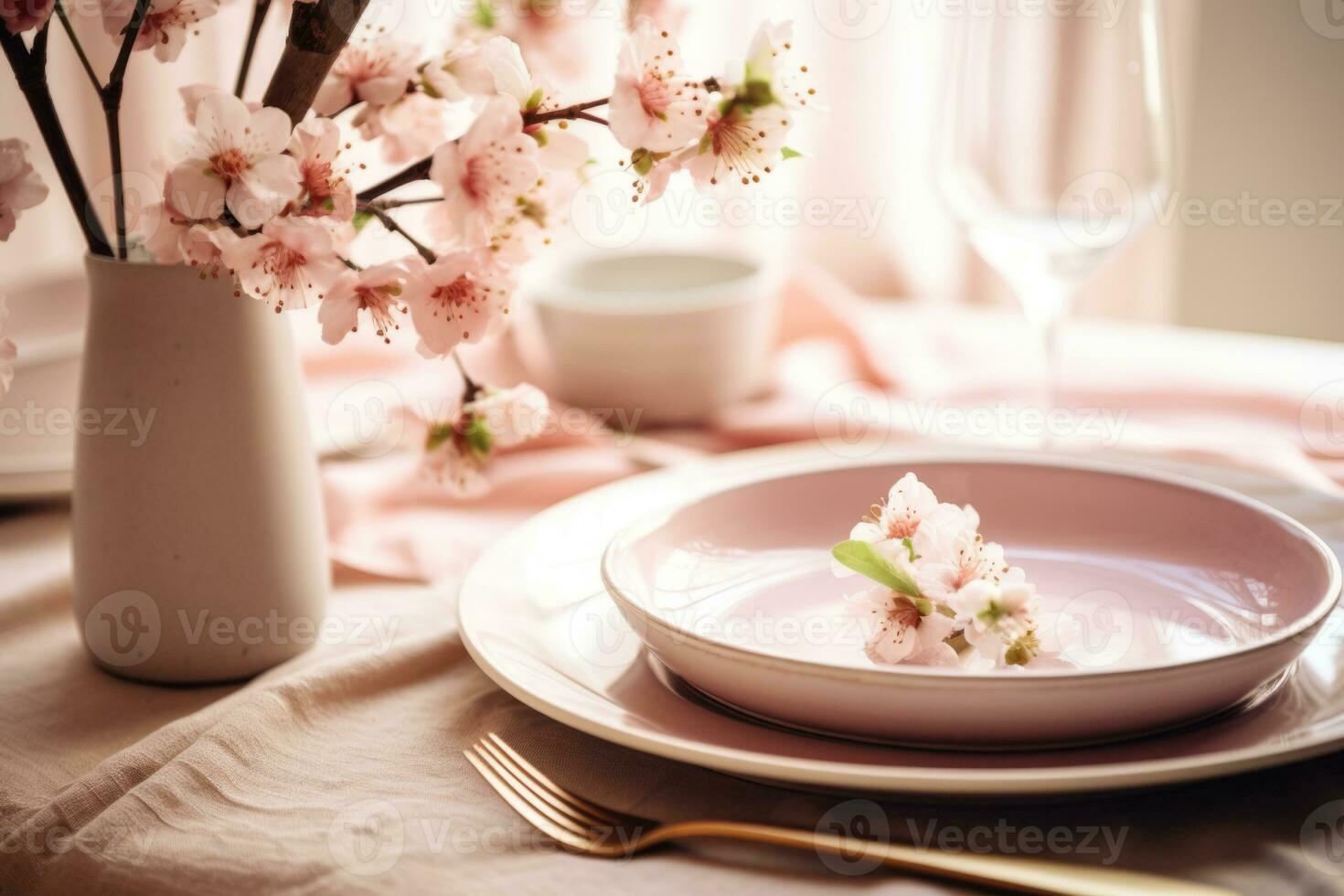 AI generated A table setting with a warm and inviting atmosphere. Beautiful romantic elegant floral decor in pink colors. Generative AI photo