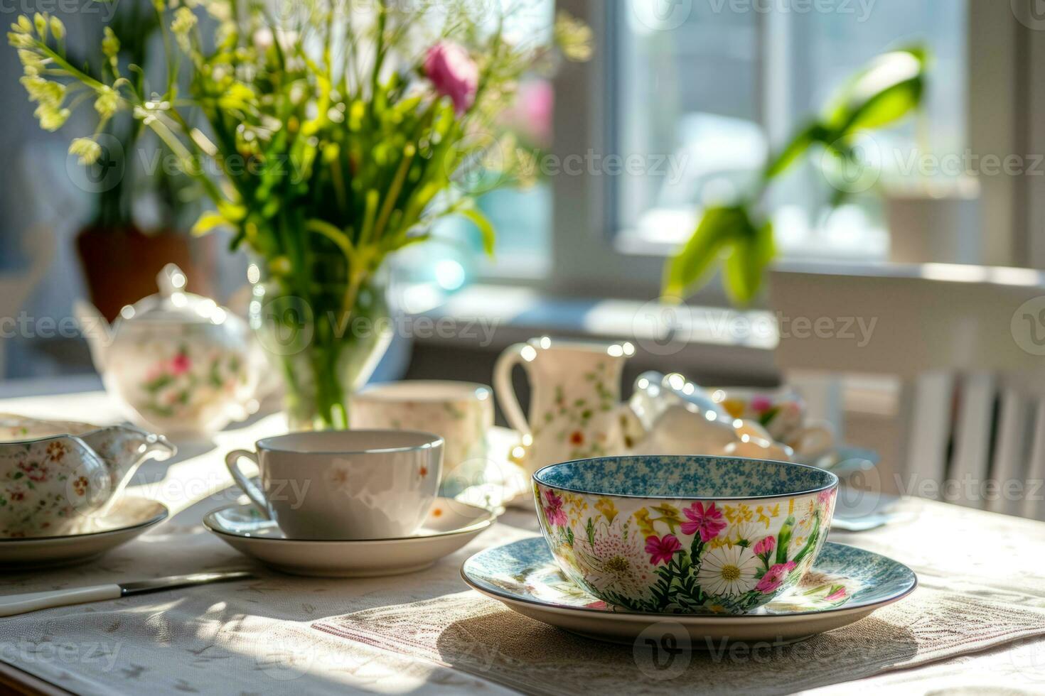AI generated Dining table set with floral tableware on sunny light background. Generative AI photo