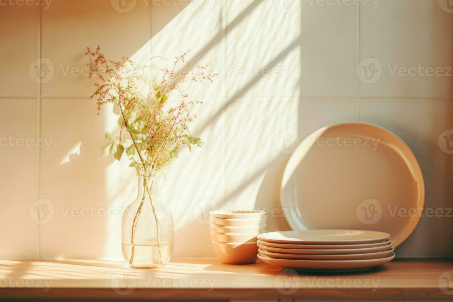 AI generated Clean dishes and utensils on kitchen counter. Set of clean tableware. Generative AI photo